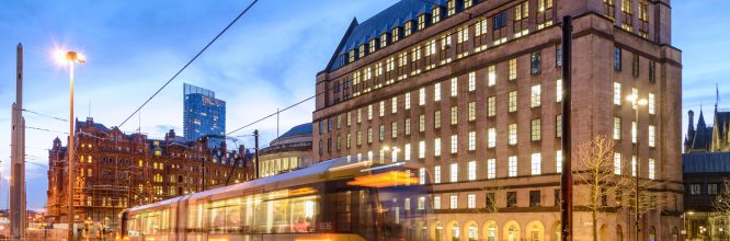 Town hall with Metrolink tram passing